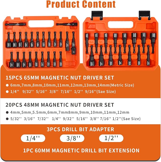 39Pcs Magnetic Nut Driver Set for Impact Drill, Metric & SAE Magnetic Impact Drill Driver Bit, 1/4" Hex Shank, Fully Magnetic Hex Nut Driver Drill Bit Master Kit, Black