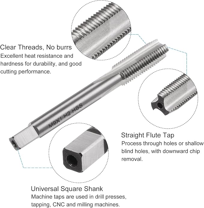 uxcell 2pcs M9 x 1 Tap & 8mm Drill Bit Set, Black Oxide, High Carbon Steel, Spiral Flute, For Metal, Cast Iron, Aluminum, Stainless Steel, Aluminum Alloy, Bronze, Plastic