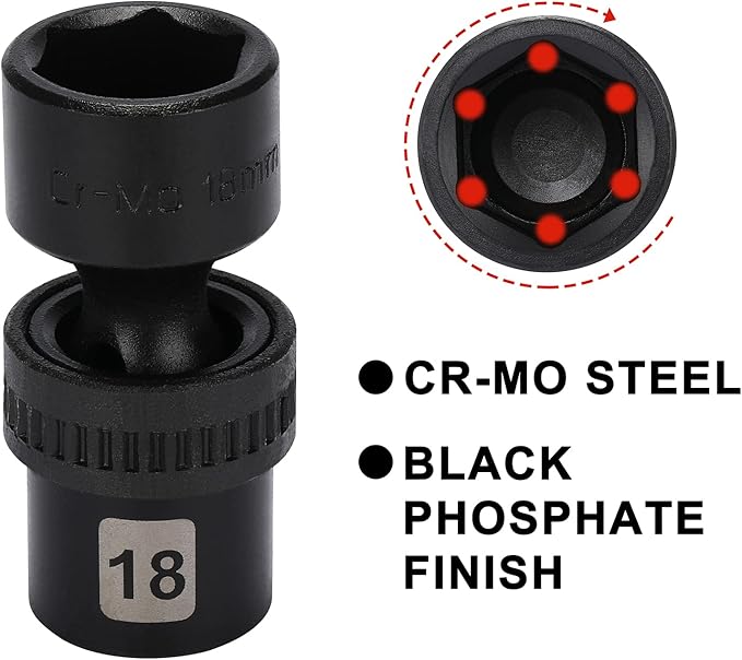 Mayouko 15PCS 3/8" Drive Shallow Universal Impact Socket Set, 6 Point, Metric, 8-22mm, 15-Piece Swivel Socket Set, Metric Flexible Wobble Sockets, CR-MO Steel