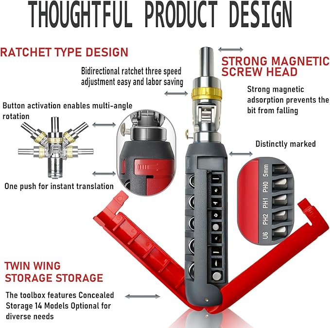 Magnetic Ratcheting Screwdriver Set, 180 Degree Adjustable screwdriver,Holding Up To 47 Bits with Phillips Slotted Hex Torx Bits, 48-Tooth Ratcheting Screwdriver for Small Spaces