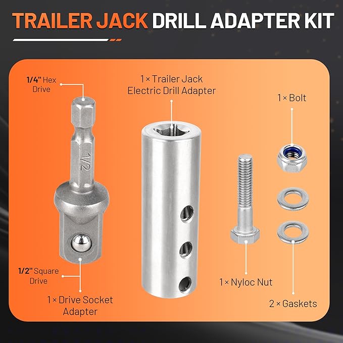 Trailer Jack Drill Adapter Compatible with 1 Inch Jack Drive Shaft, with 1/2 Inch Socket Adapter Bit, Heavy Trailer Jacks Duty Stainless Steel Drill Adapters Kit
