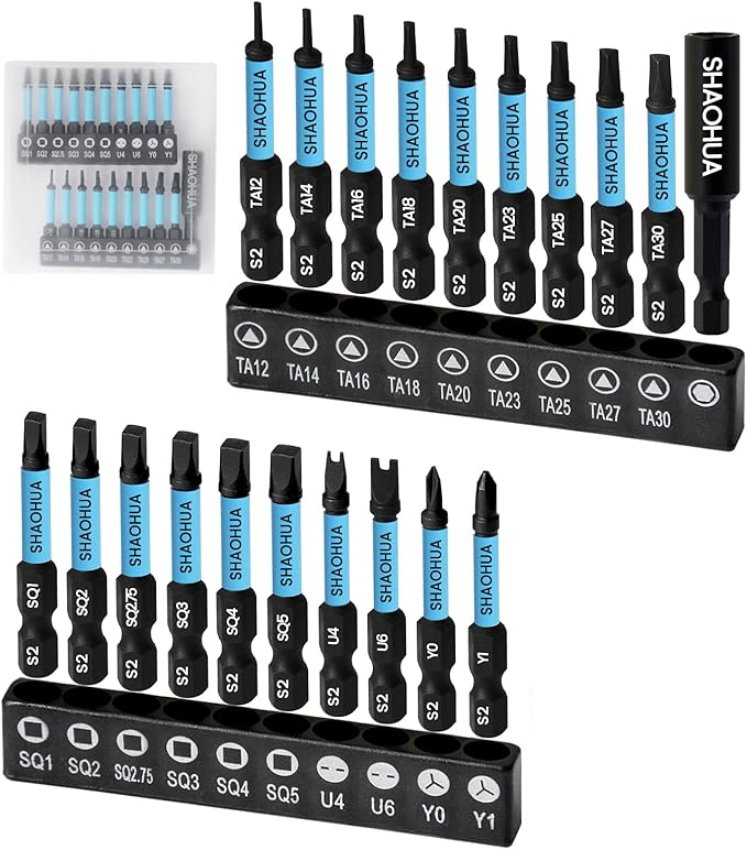 20PCS Screwdriver Bit Set, 1"Triangle Screwdriver Set TA12-30, Square Drive Bits#2,2.75,3,4,5, U-Shaped Bits Set U4,U6,Triwings screwdrivers Y0,Y1, S2 Steel Hex Head Drill Bit Set with 1/4" Bit Holder