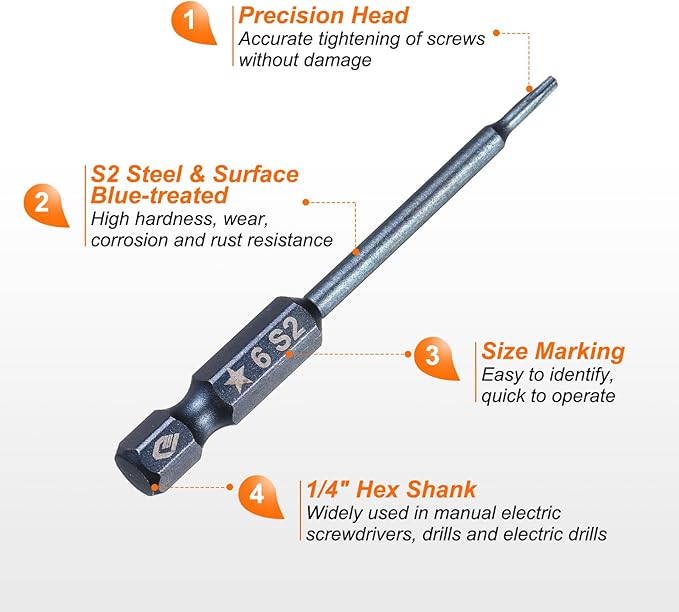 HARFINGTON 5pcs 5-Point Torx Screwdriver Bit 1/4" Hex Shank 6mm Magnetic Head 2.6" Length S2 Steel Pentagon Star Screw Driver Bit for Repair Work Electric Screwdriver, Blue