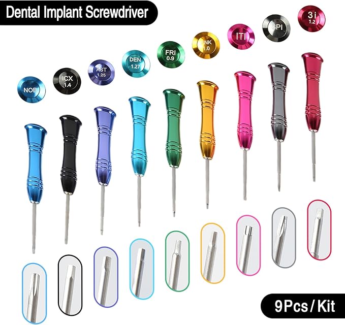 Dental Implant Screw Driver Universal Kit Tool Dentistry Implant Repair Stainless Steal Base Orthodontic Dentistry Tool with 9 Pcs（Blue）