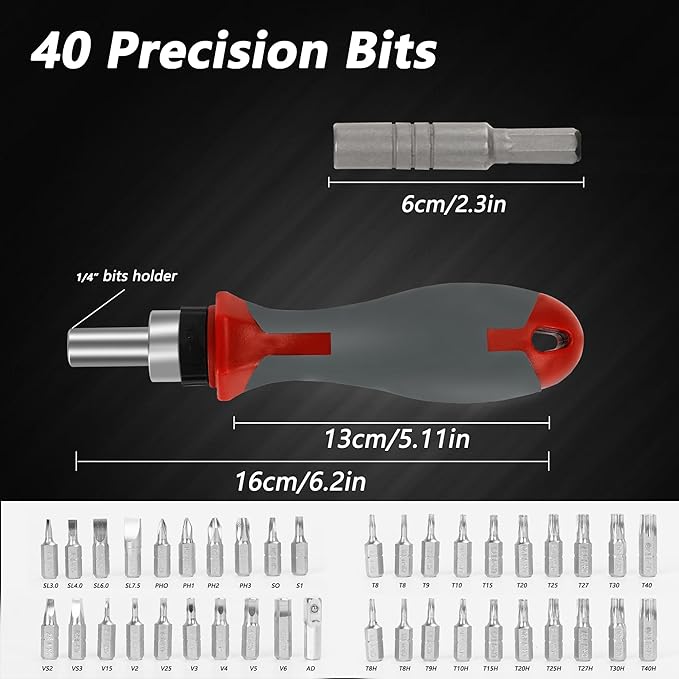 42-in-1 Ratcheting Multi-Bit Screwdriver Set, 40 Bits, 60mm Extension Bar, 1/4?쇺?Magnetic Driver Handle, 40 Bits- Torx, Slotted, Phillips, Square竊똇ex, Pozidriv & Security Bits Included