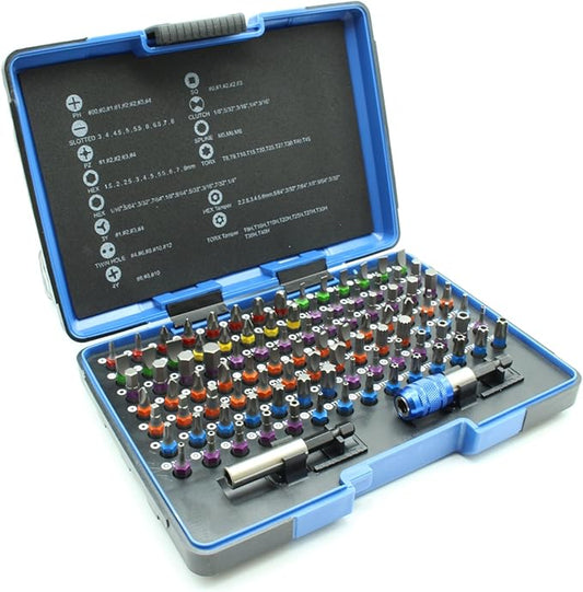 100 pc Color Coded Impact Ready Security Bits Screwdriver Set Kit with 2 Quick Chucks, Phillips, Torx, Slotted Flat, Pozi, Hex, Tri-Wing Pozi Clutch, Spline, Square, Spanner, TORQ-Set, Tamper