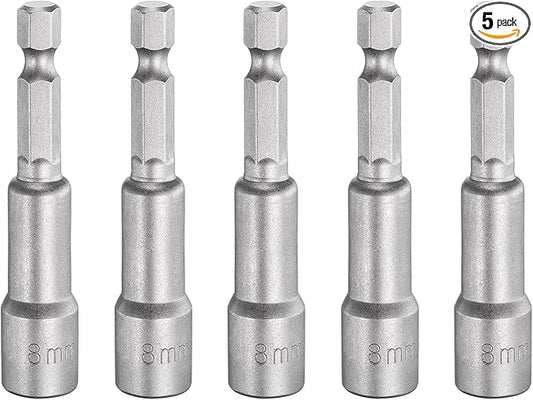 HARFINGTON 5pcs Nut Driver Drill Bit 8mm Metric Socket 1/4" Hex Shank 2.56" (65mm) Long Magnetic 6-Point Sockets Quick Change CR-V Steel Bolt Setters for Power Drill Drivers