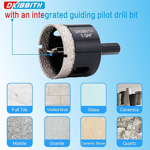 1-3/4" Diamond Hole-Saw Bits with Pilot Drill Bit - 2pc 1 3/4 in Diamond Tipped Tile Hole Saws with Guiding Bit for Accurate Drilling, for Porcelain Tile Ceramic Pots Granite Stone Glass Bottles 45mm