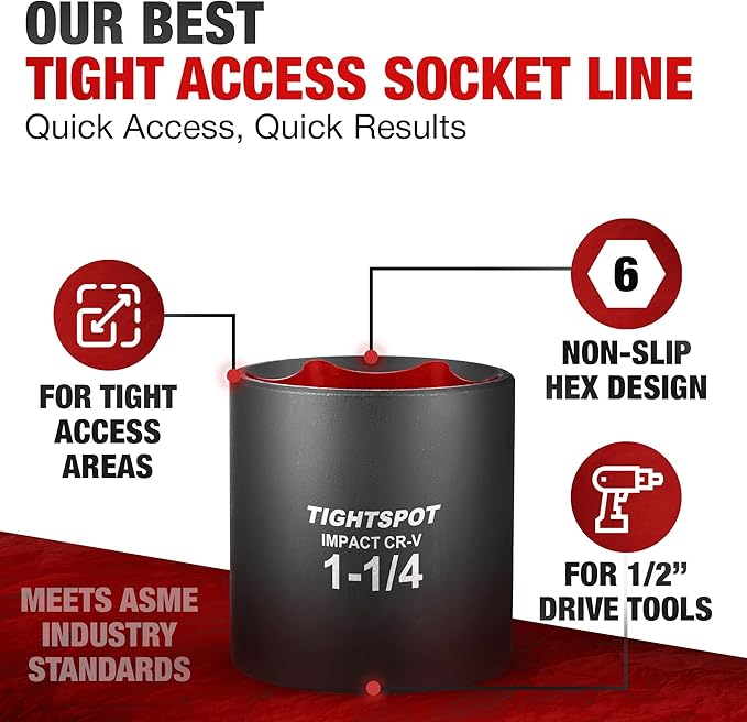 TIGHTSPOT 1/2 Inch Drive - 1 1/4 Inch Shallow Impact Socket with Anti-Rounding 6 Point Design, Heat-Treated CRV Steel