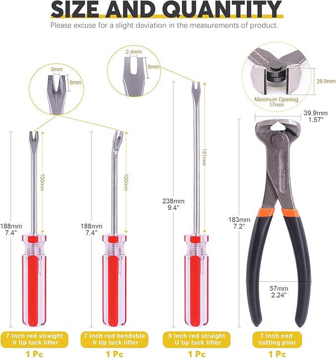 4Pcs End Cutting Pliers and Tack Puller Nail Remover Tools Set with Straight U Tip, Straight V Tip and Angled V Tip Tack Lifter to Remove Nails Wire for Upholstery Car Construction