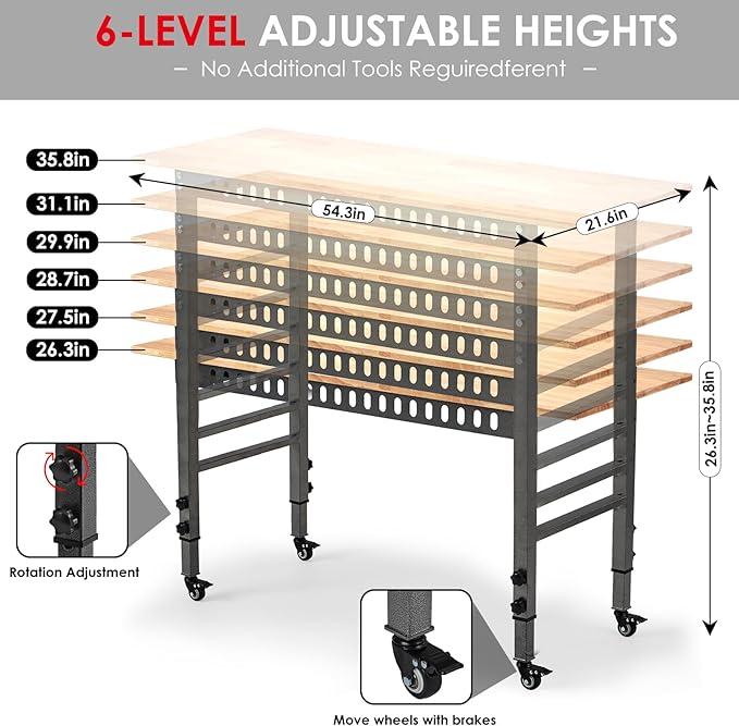 54.3 "Adjustable Workbench with Power Outlet, Heavy Duty 2000 LBS Load Capacity Hardwood Workbench Suitable for Workshop, Office, Garage, Home (Metal Wheels訝쭾ower Outlets 54.3"x21.6")