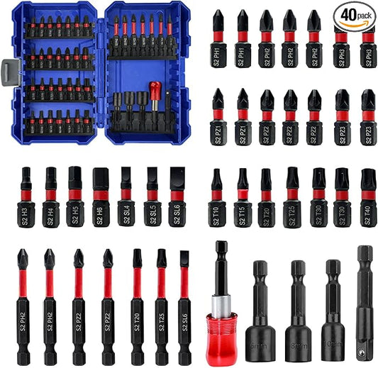 Greywolf Impact Driver Bit Set, 40 Piece 1/4" Impact Driver Bit Set, S2 Magnetic Magnetic S2 Steel Phillips/Slotted/Square/Torx Driver Bits with Retractable Bit Holder and Magnetic Nut Driver