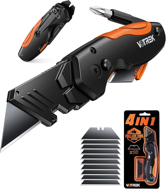 【4-in-1】 Multitool Folding Utility Knife Box Cutter, Navajas para Trabajo, Quick-Change Knife, 【Belt Clip】【Blade Storage】, Gifts for Fathers Dad Papa, Extra 10 SK5 Blades Included