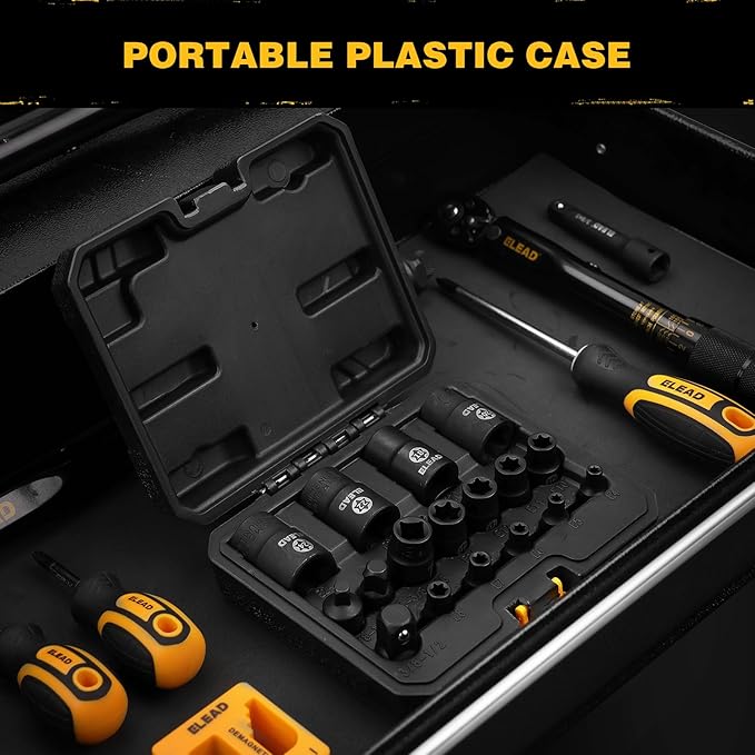17-Piece Inverted E-Torx Socket Set - Premium Impact Cr-V Steel E4 - E24 Star Female Sockets for Impact Wrench 1/2 3/8 1/4 Drive Precision Torque Kit with Storage Case