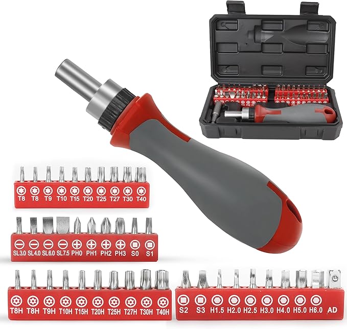 42-in-1 Ratcheting Multi-Bit Screwdriver Set, 40 Bits, 60mm Extension Bar, 1/4?쇺?Magnetic Driver Handle, 40 Bits- Torx, Slotted, Phillips, Square竊똇ex, Pozidriv & Security Bits Included