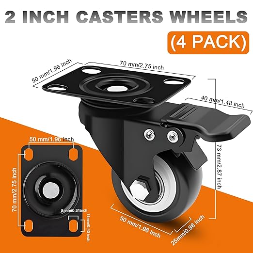MSH&HCE 2 Inch Heavy Duty Locking Caster Wheels with Brake - 360째 Swivel, 600lb Capacity - Quiet Casters for Furniture, Tables, Workbenches- Includes Screws, washers & Screwdriver(Set of 4)
