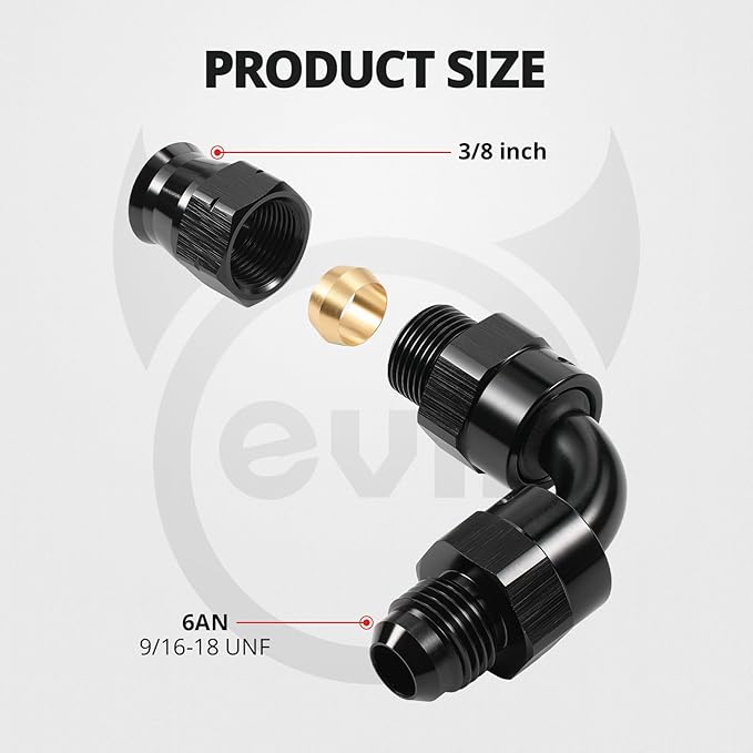 EVIL ENERGY 6AN Male to 3/8" Hardline Compression Fitting Adapter 90 Degree Aluminum Black