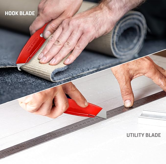 Canopus Heavy Duty Utility Knife with Utility and Hook Blades, All Metal Retractable Box Cutter, Carpet Knife, Shingle Cutter Roofing Knife, Combo Pack, Red, Made in USA
