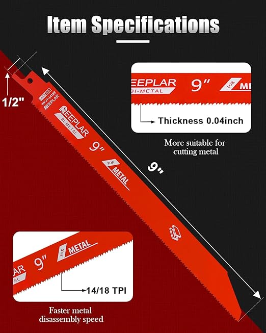 50 Pack 9 inch 14/18 TPI Bi-Metal Auto Dismantling Reciprocating Saw Blades for 1/16-5/16 Medium Metals, 9??18-TPI Saw Blade for Metal Cutting