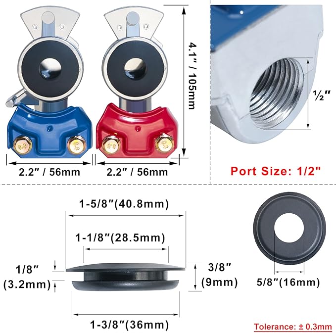 Universal Glad Hands Kit 2 Pair Airlines Air Hose Emergency Brake Aluminum Glad Hand Set for Semi Truck Trailers Tractors 2pcs Red and 2pcs Blue with Extra 4pcs Replaced Glad Hand Seals