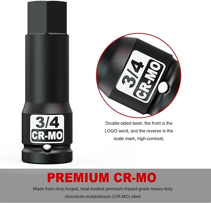 1/2" Drive H3/4-Inch Impact Hex Bit Socket, SAE Allen Bit Socket, Cr-Mo Steel, Removing Loosening Hexagon Bolts