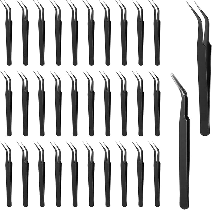30Pcs Stainless Steel Craft Tweezers 4.9Inch Curved Pointed Tweezers with Protective Cover, Multipurpose High Precision Tweezer for Craft Sewing Stickers Eyelash Jewelry Making(Black)