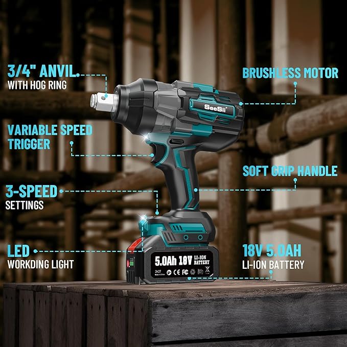 SEESII Impact Wrench 1180FT-LBS(1600N.m) 2200IPM 3/4 Impact Gun High Torque Electric Cordless Impact Wrench with 18V 1x5.0Ah Battery 2 Sockets and Case for Home Car Truck Tire Lug Nut Removal Tool Set