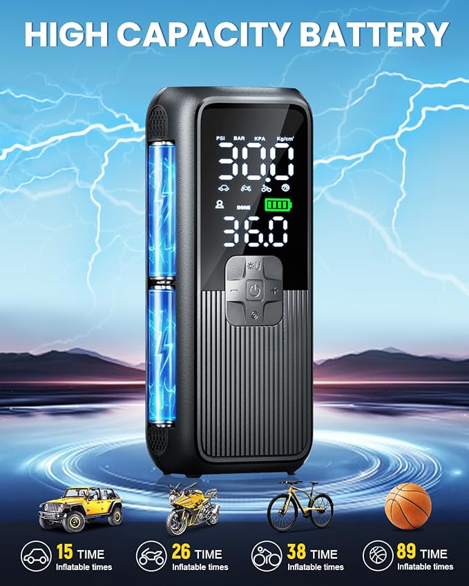 Tire Inflator Portable Air Compressor, T05 Air Pump for Car, Motorcycle, Bike, Balls with Tires Pressure Gauge, 150PSI Air Compressor Portable, Tires Pump with LED Light & Auto Shut-Off