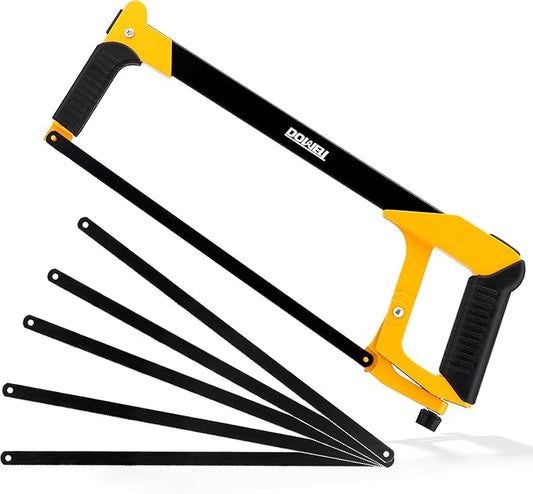 DOWELL Hand Saw 12-inch Hacksaw Frame Heavy Duty Adjustable 45/90 Angle Hacksaw with 5 Replaceable Saw Blades Inside the Frame for Steel Pipe Cutting PVC Carpentry Woodworking HY041101