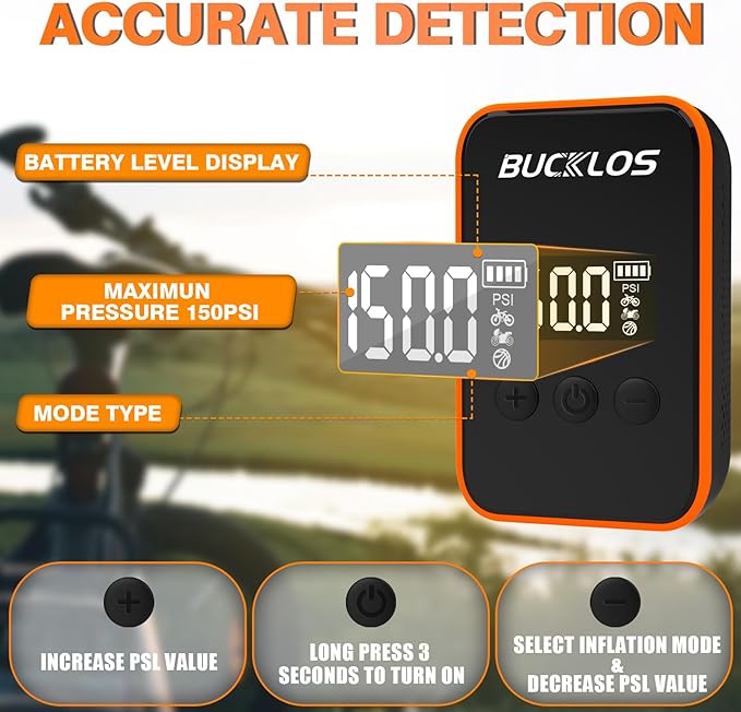 BUCKLOS Mini Electric Bike Pump with LED Display, 150PSI Portable Tire Inflator, Type-C Rechargeable Air Pump with 2000mAh Battery, Presta & Schrader Valves, for Road, Mountain Bicycle and E-Bikes