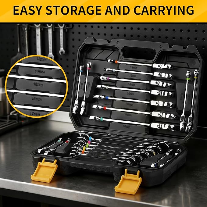 GRENPRO 23PCS Flex-Head Ratcheting Wrench Set, Combination Ratchet Wrenches Set Metric and Standard & SAE with Organizer Box, 6-18mm & 1/4" to 3/4" with Color Ring, CRV Socket Mechanic Tools Sets