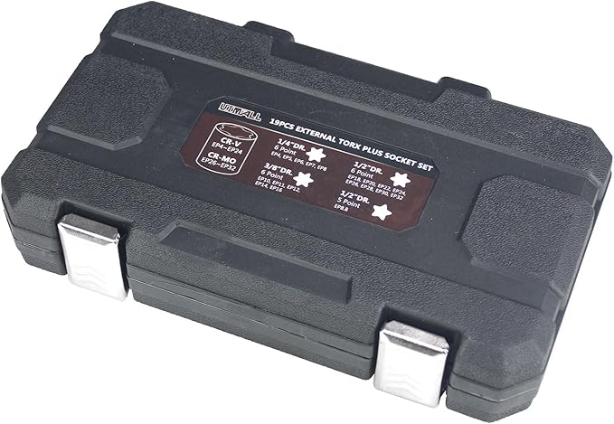 19pc External Torx Plus Socket Set 6 Point EP4, EP5, EP6, EP7, EP8, EP10, EP11, EP12, EP14, EP16, EP18, EP20, EP22, EP24, EP26, EP28, EP30, EP32 with 1/2'' 3/8'' 1/4'' Dr E-Torx Plus Socket