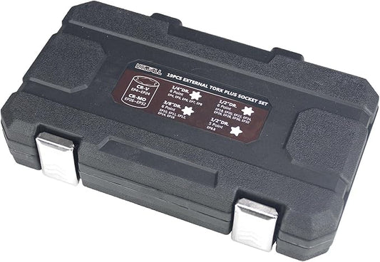 19pc External Torx Plus Socket Set 6 Point EP4, EP5, EP6, EP7, EP8, EP10, EP11, EP12, EP14, EP16, EP18, EP20, EP22, EP24, EP26, EP28, EP30, EP32 with 1/2'' 3/8'' 1/4'' Dr E-Torx Plus Socket