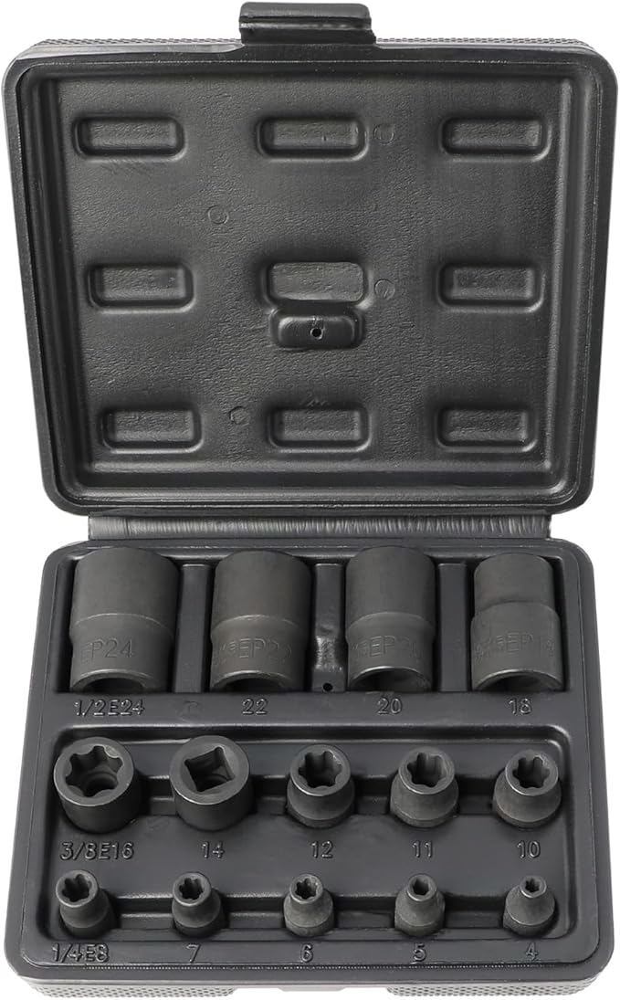 External Torx Plus Socket Set 6 Point EP Socket EP4, EP5, EP6, EP7, EP8, EP10, EP11, EP12, EP14, EP16, EP18, EP20, EP22, EP24 with 1/2'' 3/8'' 1/4'' Dr E-Torx Plus Socket 14pc