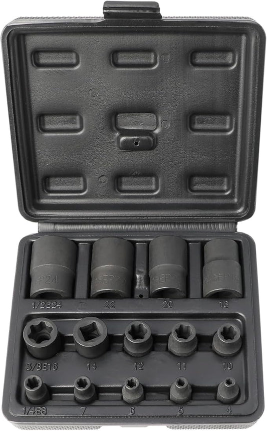 External Torx Plus Socket Set 6 Point EP Socket EP4, EP5, EP6, EP7, EP8, EP10, EP11, EP12, EP14, EP16, EP18, EP20, EP22, EP24 with 1/2'' 3/8'' 1/4'' Dr E-Torx Plus Socket 14pc