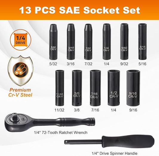 13-Piece 1/4" Drive Socket Set, SAE (3/16"- 11/32"), Deep Sockets, 72-Tooth Ratchet Wrench, Drive Spinner Handle, 6 Point Design, Cr-V
