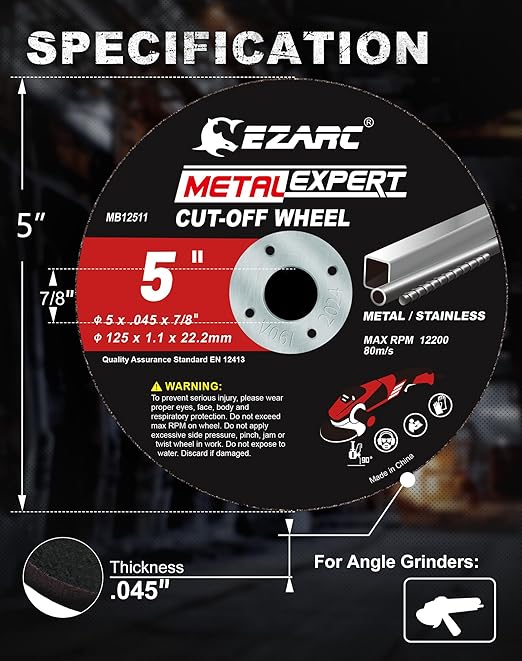 EZARC Cut Off Wheels 25 Pack, 5'' x .045'' x 7/8'' Thin Grinder Cutting Wheel, Metal & Stainless Steel Cutting Disc for Angle Grinders