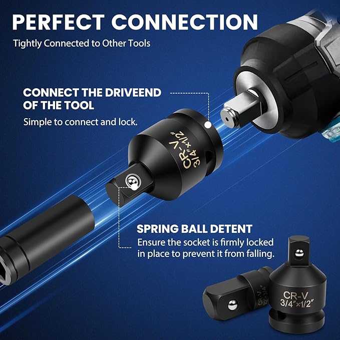 6-Piece Impact Socket Adapter Set, 1/4" 3/8" 1/2" 3/4" Drive Reducers & Adapters,CR-V Steel, Impact Grade Socket Adapter Kit for Impact Tools
