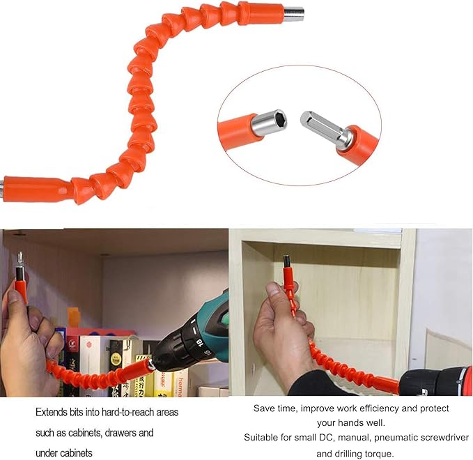 Flexible Drill Bit Extension, 11.6inch Bendable Drill Bit Extension, Universal 1/4 Flexible Extension for Drill Adaptor Hex Set Orange (21 PCS)