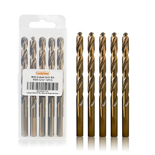 Luckyway 5/16" Cobalt Drill Bit (5 Pcs), Jobber Length Twist Drill Bit Set for Hard Metal, Stainless Steel, Cast Iron, Wood and Plastic, with Storage Case