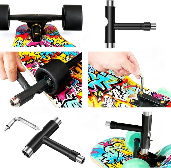 Skate Tools All-in-One, Skateboard T Tool, Tool Accessory with T-Type Allen Key and L-Type Phillips Head Wrench Screwdriver for Adjust Skateboards, Roller Skates, Longboards