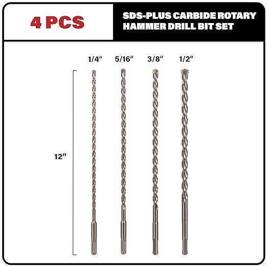 4-Piece 12in SDS Plus Drill Bit Set, Carbide Tipped, Rotary Hammer Drill Bits for Brick, Stone, Concrete (1/4" x 12", 5/16" x 12", 3/8" x 12", 1/2" x 12")