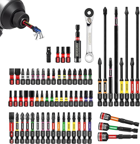 66Pieces Impact Screwdriver Bits Set, Magnetic S2 Steel Phillips/Slotted/Square/Torx/Hex Insert Power Bits Tips with Impact Bit Holder and Impact Nut Driver and Mini Wrench