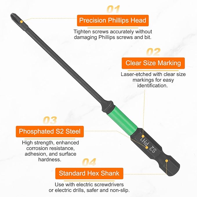 HARFINGTON 5pcs #1 Impact Phillips Screwdriver Bit PH1 1/4" Hex Shank 4" (100mm) Length 0.1" Rod Magnetic Cross Head Drill Bits S2 Steel Industrial Screw Drivers for Impact Power Tools
