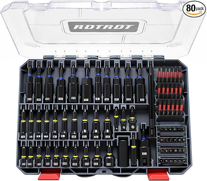 80-Piece Impact Magnetic Nut Driver Set, SAE/Metric Nut Driver Set, Socket Adapters, Bit Holder, Wing Nut Driver, Universal Sockets, Quick Release Extension, Power Bits, Slotted Storage Box