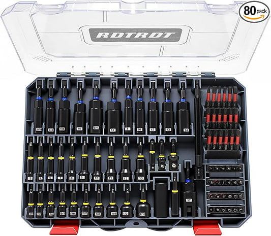 80-Piece Impact Magnetic Nut Driver Set, SAE/Metric Nut Driver Set, Socket Adapters, Bit Holder, Wing Nut Driver, Universal Sockets, Quick Release Extension, Power Bits, Slotted Storage Box
