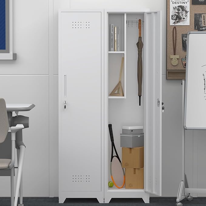 GREATMEET Broom Closet Storage Cabinet, 65'' Slim Metal Single Door Lockable Cleaning Storage Cabinet for Brooms, Mops & Cleaning Supplies, Utility Storage Cabinet for Garage, Laundry Room, White