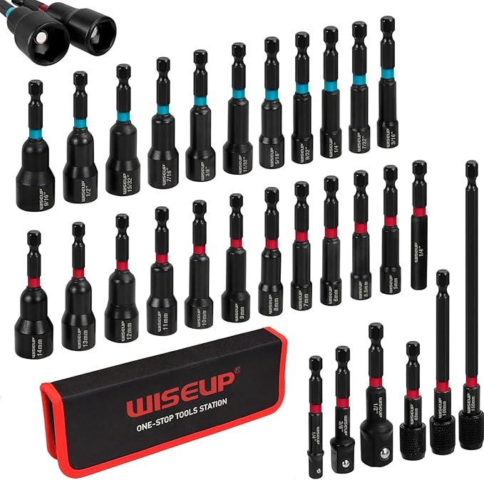 WISEUP 29PCS Magnetic Nut Driver Set，Impact Drill Driver Bit Set & 1/4" Hex Shank，Cr-V Steel SAE & Metric Power Nut Drivers，Includes Magnetic Bit Holder, Quick Release Extension with Storage Bag