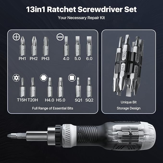 13-in-1 Ratchet Screwdriver Set Tool All in One, [Built to Last] Multi Screw Driver Set Kit, Flat Head, Philips, Torx, Hex, Square, Repair Kit, Man Gift Nut Driver