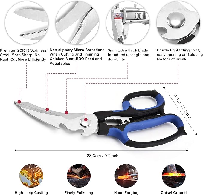 Heavy Duty Kitchen Shears with Unique Curve Blade, No Rust Cooking Knives Multi-purpose Poultry Shears, Scissors for Turkey Chicken Meat Bone Nuts Cardboard